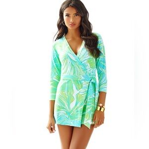 Lilly Pulitzer long sleeve Green and Blue Leaf Print Romper sz XS